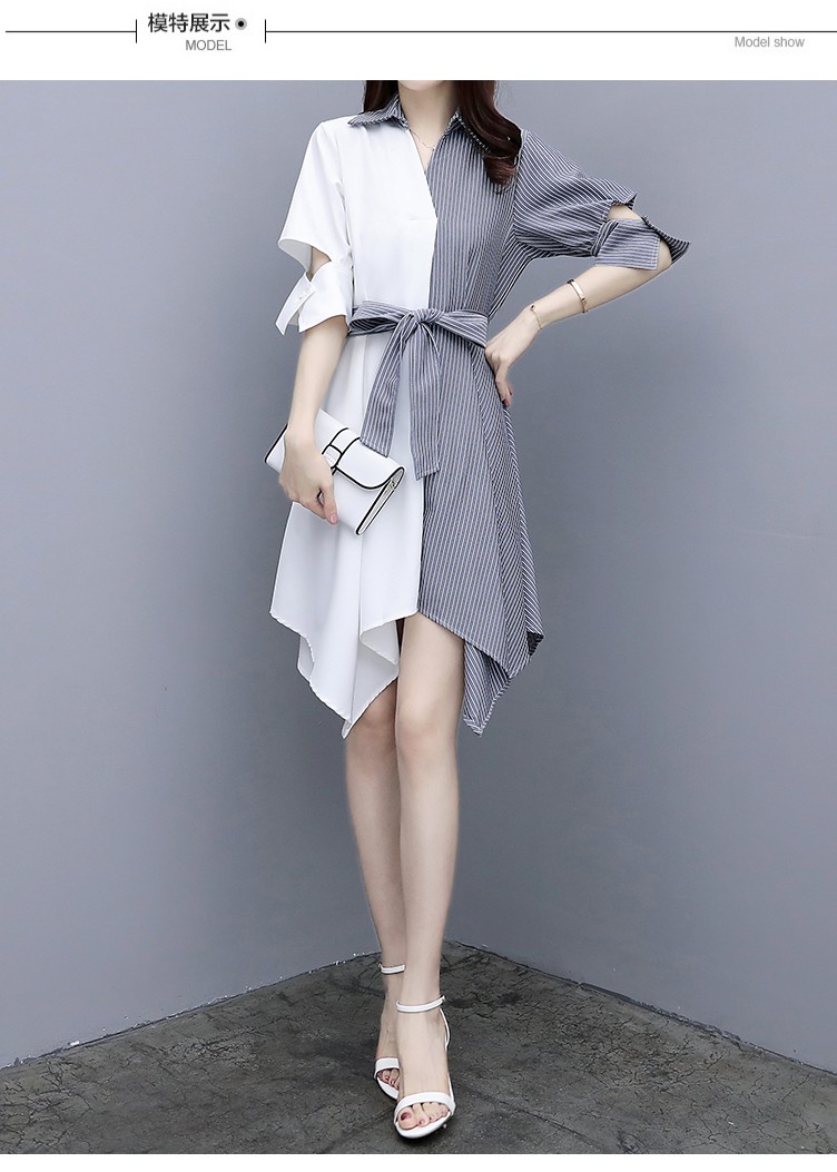 优选服饰连衣裙2019春夏季新品女装不规则时尚拼接立领修身绑带裙子