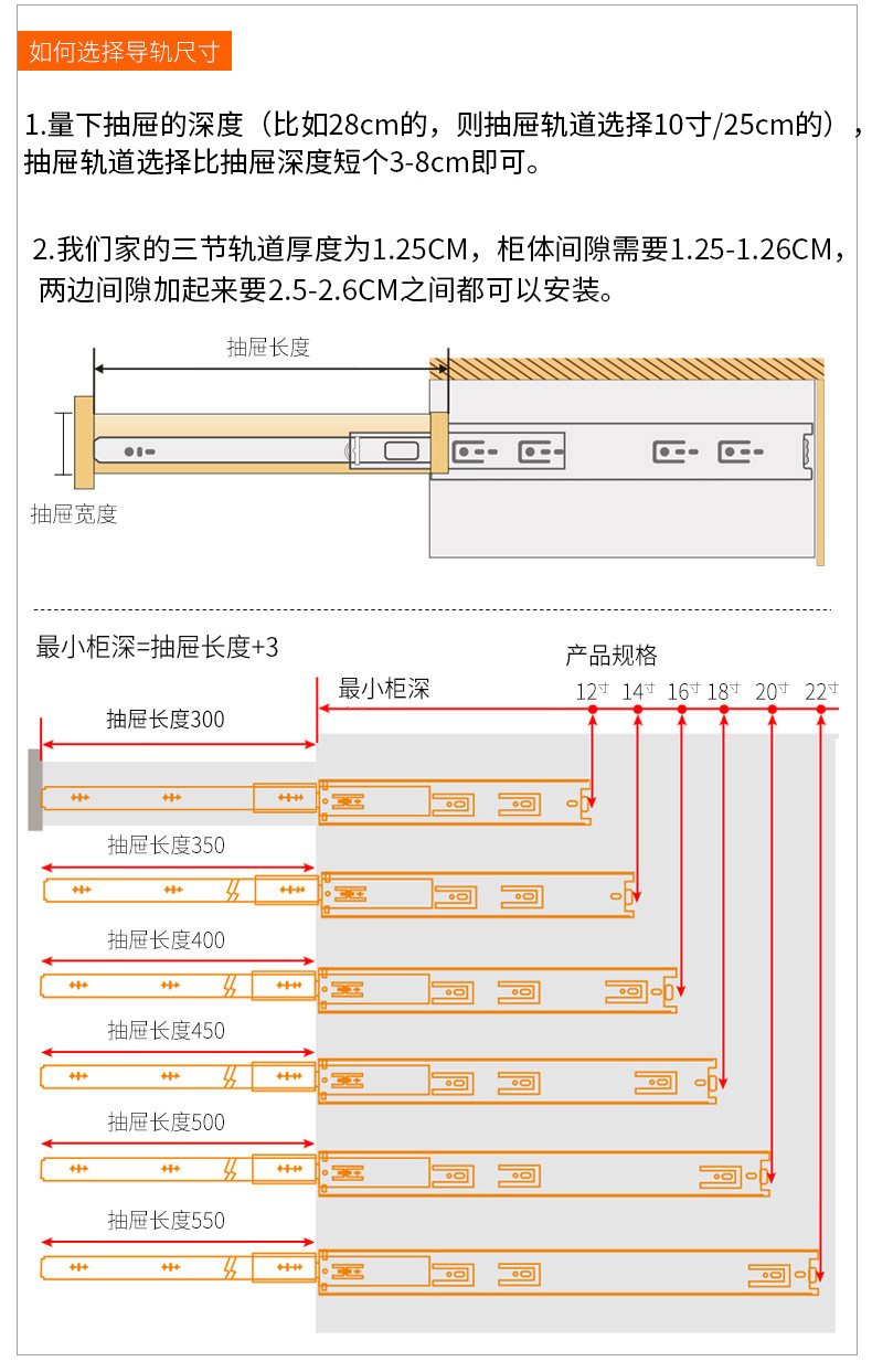 抽屉滑轨尺寸对照表图片