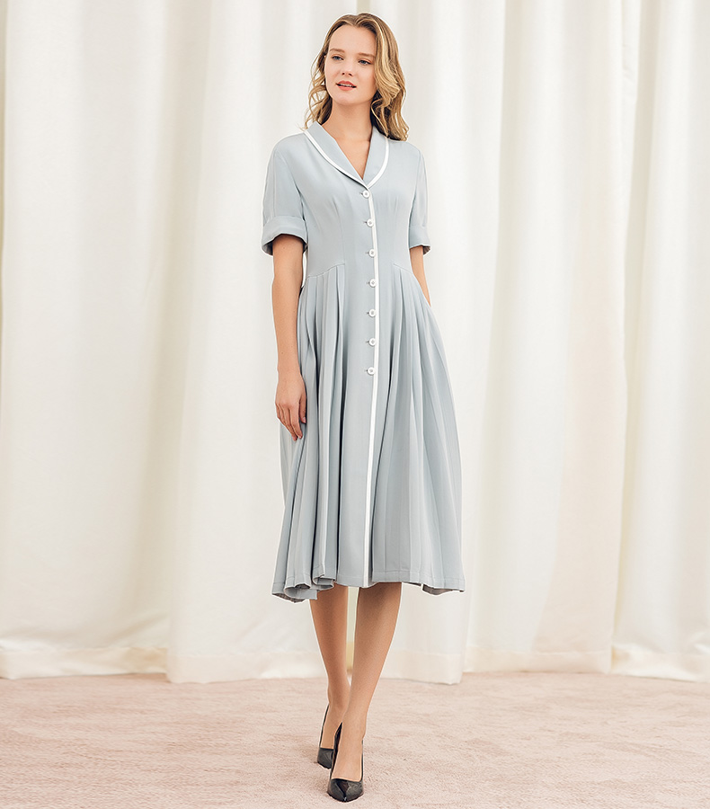 voa女装浅灰重磅真丝连衣裙36姆米镶白边翻领丝绸衣服单排扣连肩短袖