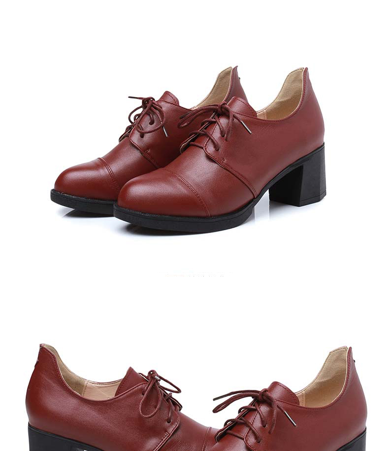 轻奢品牌usw9达令宝贝2017春季真皮女单鞋粗跟中跟圆头系带深口女鞋