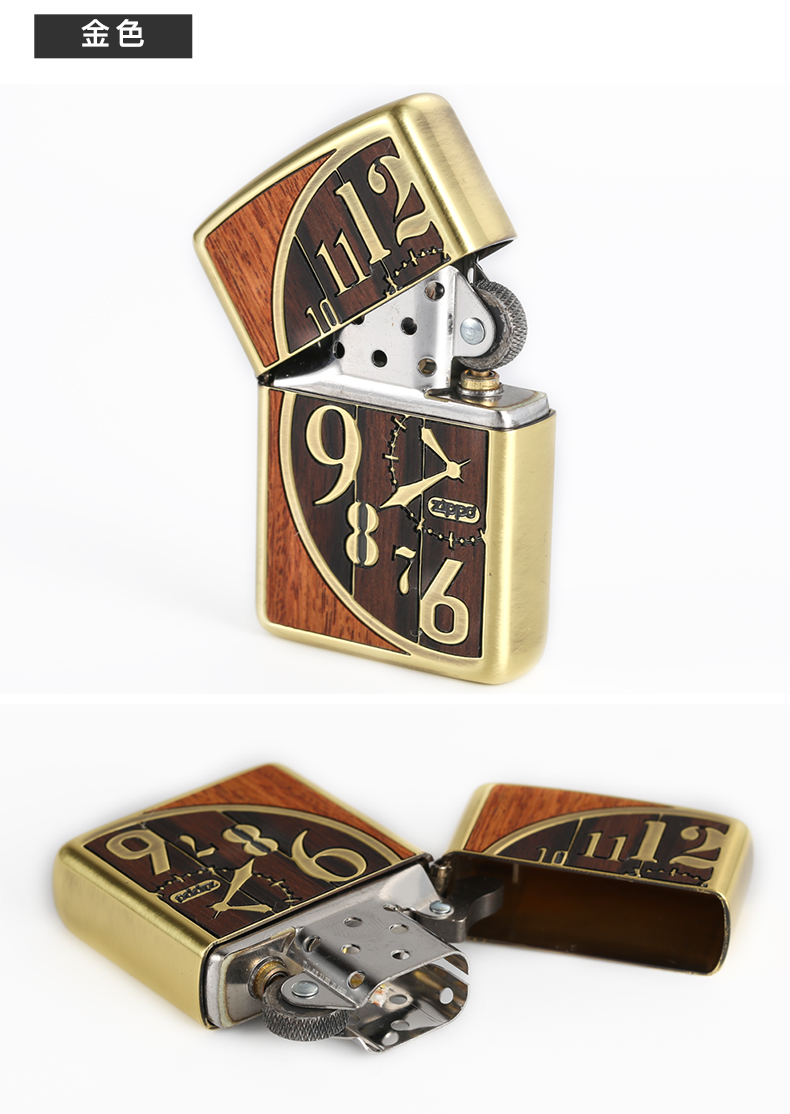 zippo打火机正版 时间记忆 木纹镶嵌 时钟雕刻原装黄铜打火机 zippo