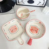 Midoriyaki Happy Pig One-Eat Cute Girly Tableware Hand-Handed Rice Bowl Baked Rice Bowl Ceramic Underglaze Colored Tableware Set 4 Pieces Cute Pig Handle Bowl + Handle Plate + Bowl + Spoon