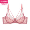 Modal women's underwear women's lace sexy mesh soft and comfortable skin-friendly anti-sagging ultra-thin breathable big breast showing small bra pink single piece bra sexy mesh 70C 32