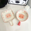 Midoriyaki Happy Pig One-Eat Cute Girly Tableware Hand-Handed Rice Bowl Baked Rice Bowl Ceramic Underglaze Colored Tableware Set 4 Pieces Cute Pig Handle Bowl + Handle Plate + Bowl + Spoon