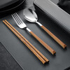 Ruolin chopsticks and spoon set, one person, one chopstick, portable tableware, student storage box, fork, single wooden chopsticks three-piece set, silver 4-piece set (chopsticks + spoon + fork + cutlery box) + portable bag