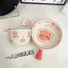 Midoriyaki Happy Pig One-Eat Cute Girly Tableware Hand-Handed Rice Bowl Baked Rice Bowl Ceramic Underglaze Colored Tableware Set 4 Pieces Cute Pig Handle Bowl + Handle Plate + Bowl + Spoon