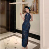 Feiyao cheongsam new Chinese style national style satin print improved cheongsam sleeveless slim waist sexy dress long skirt dark blue M length 106cm, bust 84cm