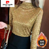 Pierre Cardin Internet celebrity half turtleneck bottoming shirt for women in autumn and winter new fashion printed hot diamond slim fit versatile top trendy Champagne apricot spring and autumn thin section 2XL recommended 130-140 pounds