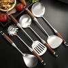 Fat Donglai thickened 316 stainless steel kitchen utensil set for home kitchen cooking spatula and ladle, German 316 material, wood grain plastic handle, spatula + soup spoon + frying spatula + colander, 4-piece set (