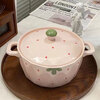 Cute strawberry ceramic double-eared soup bowl for home use large with lid underglaze color large-capacity instant noodle bowl girl large soup bowl Strawberry 10-inch double-eared large soup bowl + ceramic lid
