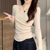 Mrs. Yuan's cross-cut hollow irregular design autumn slimming bottoming fashionable long-sleeved T-shirt versatile top oatmeal color S recommended within 95 pounds