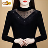 Initial diameter high-elastic mesh women's half turtleneck bottoming shirt 2025 autumn and winter new style plus velvet to keep warm and slim, western style long-sleeved top, black plus velvet XL