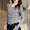 Mrs. Yuan's cross-cut hollow irregular design autumn slimming bottoming fashionable long-sleeved T-shirt versatile top oatmeal color S recommended within 95 pounds