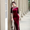 Hengyuanxiang gold velvet cheongsam burgundy 2025 new improved Chinese style women's long mother's dress wedding banquet autumn burgundy gold velvet L 103-113 catties