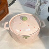 Cute strawberry ceramic double-eared soup bowl for home use large with lid underglaze color large-capacity instant noodle bowl girl large soup bowl Strawberry 10-inch double-eared large soup bowl + ceramic lid