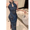 Feiyao cheongsam new Chinese style national style satin print improved cheongsam sleeveless slim waist sexy dress long skirt dark blue M length 106cm, bust 84cm