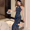 Feiyao cheongsam new Chinese style national style satin print improved cheongsam sleeveless slim waist sexy dress long skirt dark blue M length 106cm, bust 84cm