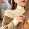 Pierre Cardin plus velvet thickened brushed lace bottoming shirt for women autumn and winter style turtleneck sweater with hollow soft mesh top black regular S