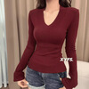 SHANTAO autumn and winter 2025 new low-cut V-neck bottoming shirt, slim and long-sleeved T-shirt for women, oatmeal color S, recommended 80-90 pounds