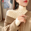 Pierre Cardin plus velvet thickened brushed lace bottoming shirt for women autumn and winter style turtleneck sweater with hollow soft mesh top black regular S