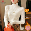 Pierre Cardin plus velvet thickened brushed lace bottoming shirt for women autumn and winter style turtleneck sweater with hollow soft mesh top black regular S