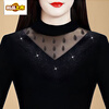 Initial diameter high-elastic mesh women's half turtleneck bottoming shirt 2025 autumn and winter new style plus velvet to keep warm and slim, western style long-sleeved top, black plus velvet XL