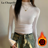 La Chapelle autumn and winter half turtleneck bottoming shirt long-sleeved T-shirt women's right shoulder brushed plus velvet slim waist top black L