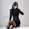 Yu Zhaolin (YUZHAOLIN) half turtleneck knitted dress for women 25 autumn and winter with coat, slim fit waist bag hip bottoming sweater short skirt black