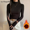La Chapelle autumn and winter half turtleneck bottoming shirt long-sleeved T-shirt women's right shoulder brushed plus velvet slim waist top black L
