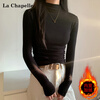 La Chapelle autumn and winter half turtleneck bottoming shirt long-sleeved T-shirt women's right shoulder brushed plus velvet slim waist top black L