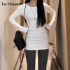La Chapelle thickened round neck bottoming shirt mid-length T-shirt women's autumn and winter waist slim fit top white M
