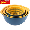 Tuojin double-layer hollow vegetable washing basket household large drain basket fruit basin kitchen creative fruit plate blue and yellow small 2-piece set