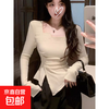 Hong Kong style high-end Royal Sister square collar long-sleeved T-shirt for women autumn slit design slim irregular pleated top XXC apricot German velvet high-quality fabric S 70-90 catties
