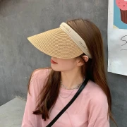 Haoguanトラベルハット女性の夏大きなつば空のトップハット韓国版ネット赤い太陽の帽子太陽の帽子麦わら帽子ワイルドトップヘッドバンド日よけ帽海辺の米リボンカーキワンサイズ