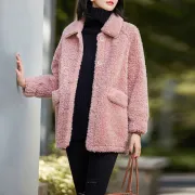 [Con seguro de envío] Abrigo de mujer 2021 otoño e invierno nueva versión coreana más terciopelo grueso de longitud media imitación lana de cordero chaqueta suelta de algodón rosa [más terciopelo y grueso] 4XL [recomendado 145-160 catties]