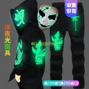 ins tide brand spring and autumn luminous ghost step dance clothes male and female students suit luminous hip-hop sweater shuffle dance ghost step dance full set of luminous green death long-sleeved top + trousers 3XL