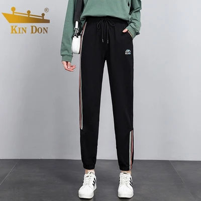 ゴールデンシールドkindonカジュアルパンツレディース秋21アウターウェアブラックスポーツパンツファッションストライプワイルド シンbfウィンドフィートパンツブラックl