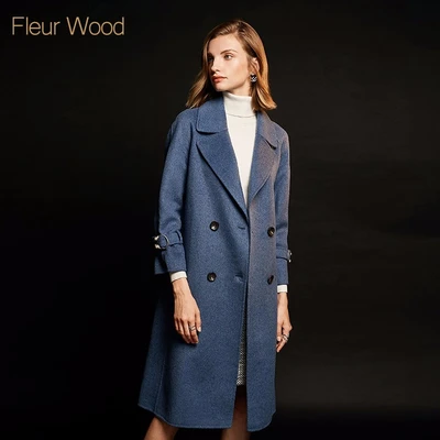 フルールウッドウィンタークラシックダブルブレストウールコートレディースミドル丈マルチカラーオプションロイヤルブルー