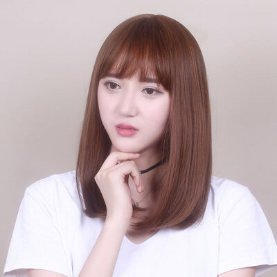Wig Female Short Hair Air Bangs Straight Hair Girls Korean Hairstyle Bobo Bobo Pear Flower Head Fluffy Realistic Natural Light Brown
