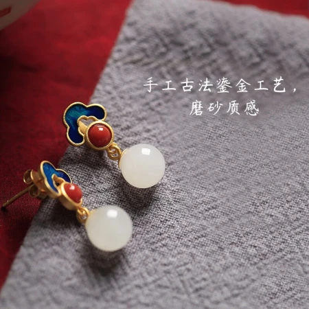 Crown with auspicious Yunnan red Hetian jade silver earrings for ladies students classical palace silver earrings retro earrings girlfriends fashion silver jewelry jewelry girls birthday gift for girlfriend wife mother Xiangyun Hetian jade earrings certificate