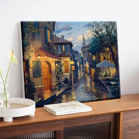 Bases digital oil painting diy landscape flower hand-painted oil painting coloring living room decorative painting children's hand-painted animation hanging painting small town in the rain 50*40cm stretched solid wood inner frame set