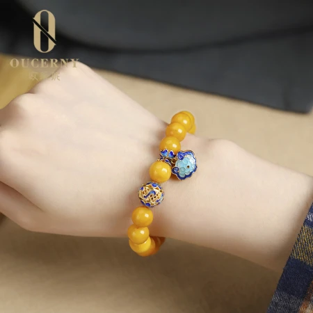 Aucini beeswax bracelet amber chicken oil yellow old wax with cloisonné enamel Ruyi pendant for men and women and Ling Yangyang