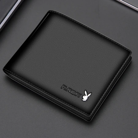 Playboy Wallet Men's Short Wallet Multi-Functional Wallet Head Layer Cow Leather Horizontal Multi-Card Casual Men's Wallet for Father Husband Boyfriend Gift Black