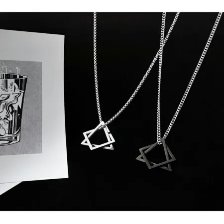 Necklace Men's Trendy Geometric Necklace Men's Trendy Ins Hip Hop Cold Wind Light Luxury Design Versatile Accessories Men's Pendant [Silver Black Type B] Square Bead Chain 70CM