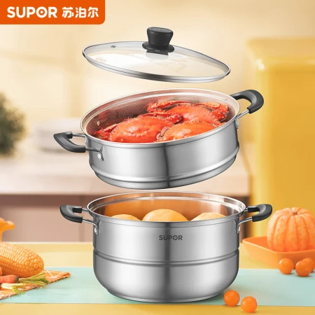 SUPOR SUPOR steamer really delicious stainless steel double-layer double-bottom 26cm steamed fish pot soup pot steamer EZ26BS11