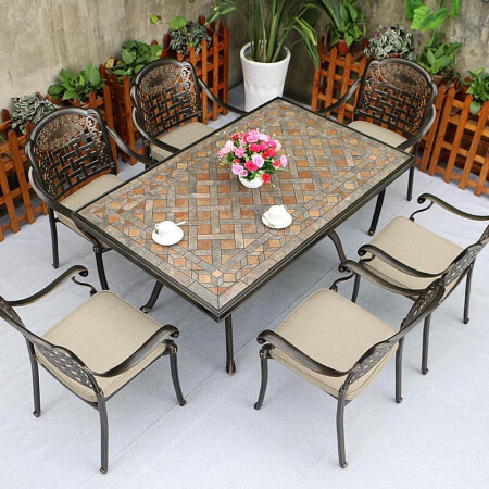 Aoting outdoor furniture cast aluminum table and chair five-piece set combination outdoor balcony European-style courtyard garden terrace sun room leisure outdoor table coffee iron table and chair seven-piece set bronze 150CM one table and four chairs A combination with seat cushion