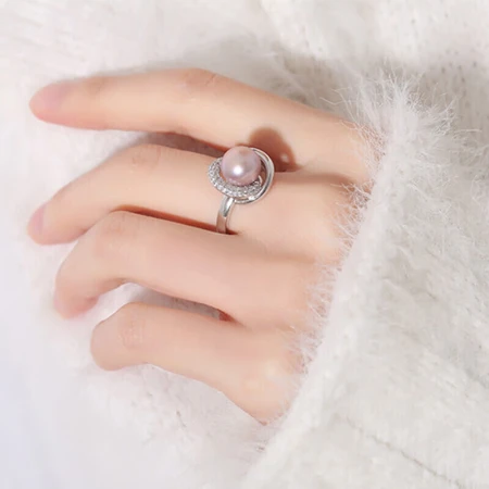 Demi jewelry large grain plump pearl powder purple freshwater pearl ring S925 silver 9-10mm