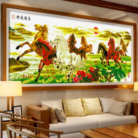 Qinqi Calligraphy and Painting Cross Stitch New Line Embroidery Eight Horses to Success Eight Horses Diamond Embroidery Living Room Custom Large Painting 3D Accurate Printing Self-made DIY Semi-finished Material Package Cross Stitch Cotton Thread 240*83cm Non-full Embroidery