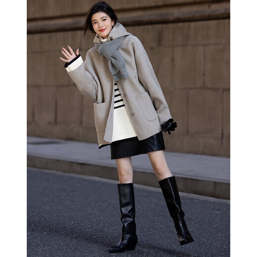 Demana fashionable top student winter light retro urban hooded sheep wool double-sided woolen temperament hidden meat women's jacket