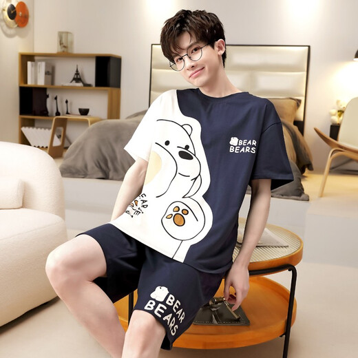 Junjun SUIDI MEI Herren Pyjamas Sommer Kurzarm Pure Cotton Student Cartoon Herren Sommer-Home-Anzug Teenager Jungen Set Short-Xy1098 Lazy Bear 3xL Standard (High 180-185 170-190jin [Jin gleich 0,5 kg])